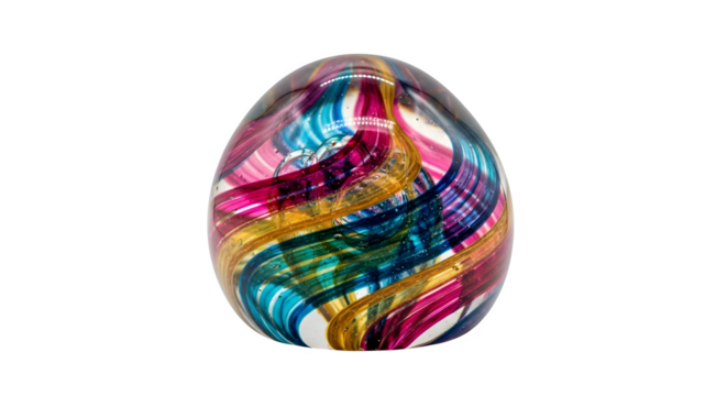 Colorful glass art paperweight isolated on transparent background in studio shot
