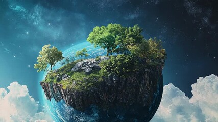Floating island with lush vegetation orbiting planet in cloudy sky