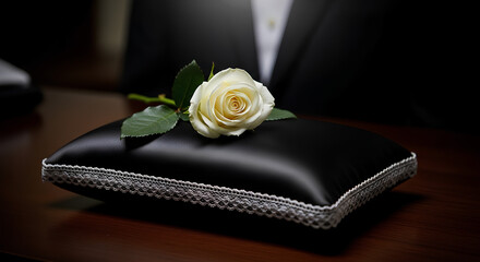 White rose on cushion for condolences, flower carefully placed on black satin pillow for somber occasion. Rose is symbol of sympathy, offering solace, remembrance.