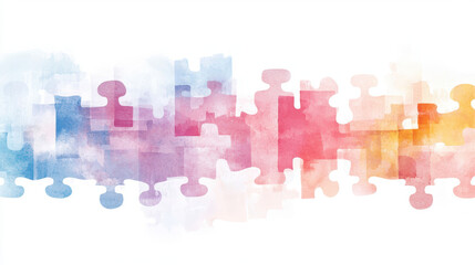 Vibrant watercolor puzzle design featuring interlocking pieces in shades of blue, pink, and orange, creating harmonious blend of colors
