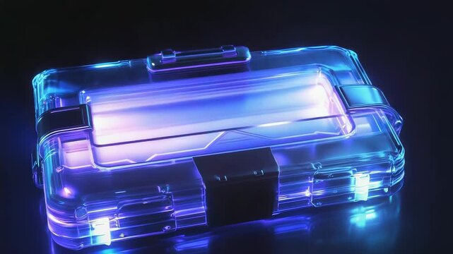 Futuristic transparent suitcase glowing with neon lights