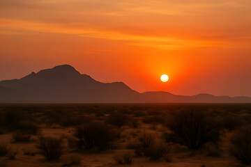 Texas Desert Sunset with Mountain Silhouette and Desert Brush