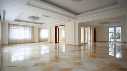 Spacious villa empty interior white walls high ceiling marble flooring