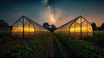 Obraz premium Nighttime view of illuminated greenhouses under a starry sky in a rural area showcasing agricultural beauty