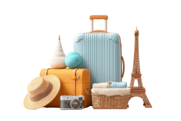 Travel accessories, suitcase, straw hat, camera, Eiffel Tower