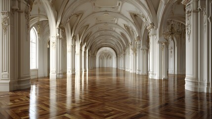 Obraz premium Classic European empty hall interior with tall arches polished wood floor