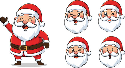 Cute cartoon Santa Claus character with multiple facial expressions, funny Christmas illustration for holiday design, festive decoration, celebration, greeting, winter season.