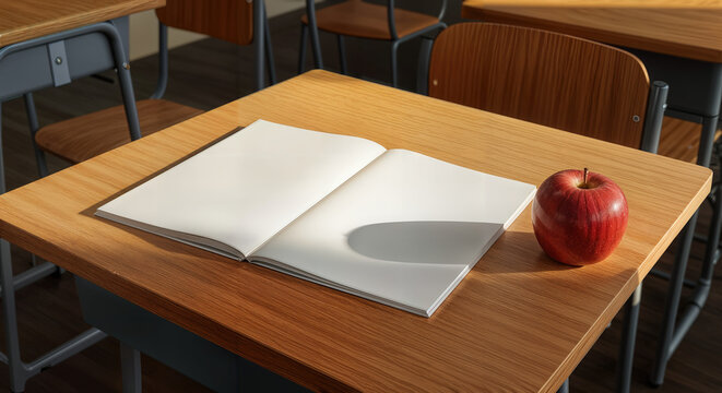 Wooden school desk presents blank notebook and red apple, providing perfect scene for study. School desk setting features open book and fruit, ideal for back to school. - Powered by Adobe