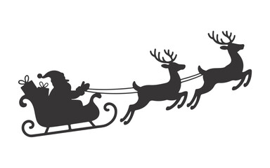 Santa Claus Silhouette in Sleigh Pulled by Reindeer, Festive Christmas Vector Illustration, Black and White Design