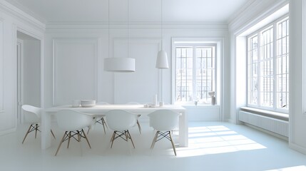 Fototapeta premium White minimalist empty dining room interior simple walls spacious floor