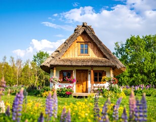 Charming cottage in a flower garden