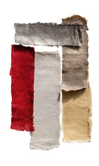 Abstract textile collage,  featuring  overlapping  pieces of varying  muted  colors,  including  red,  white, gray, and beige.  Rough edges and textures suggest handmade  pieces