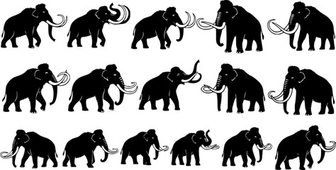 Naklejka premium Mammoth silhouettes, Woolly mammoth silhouette, Mammoth svg, Mammoth silhouette, Mammoth vector illustration