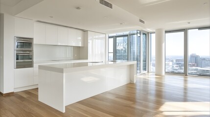 Fototapeta premium White modern empty kitchen interior open counter wide windows