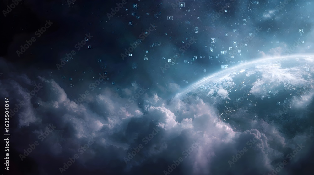 Aufkleber a glowing planet with digital data icons floating in a cloudy dark sky symbolizing global technology