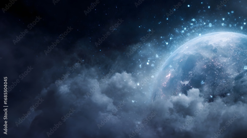 Aufkleber a glowing planet with sparkling digital data icons surrounded by ethereal clouds in a dark star fill