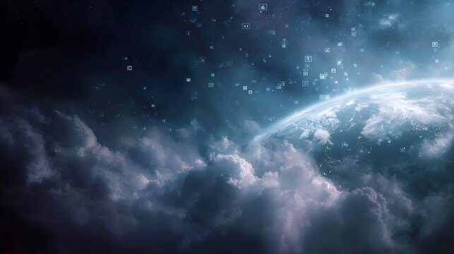 A glowing planet with digital data icons floating in a cloudy dark sky symbolizing global technology communication and connectivity