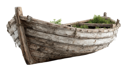 Aged wooden boat with greenery