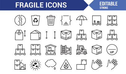 Shipping fragile icons set in editable stroke style with carton, crate, label, recycle, and goods handling