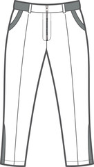 Men’s casual trousers with zipper fly, belt loops, side pockets, tapered legs, color block design, fashion apparel, CAD drawing flat vector illustration