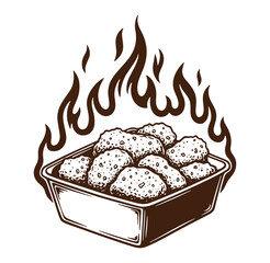 Delicious fried chicken nuggets illustration in a box with flames isolated on white background