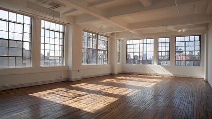 Fototapeta premium Spacious loft empty studio high windows natural sunlight