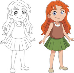 Cartoon girl character with red hair, green skirt, coloring book outline and full color version, children illustration, drawing, vector art.