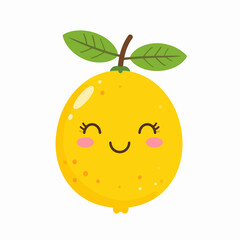 Cute Cartoon Lemon with Smiling Face and Green Leaves Illustration.