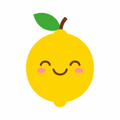 Cheerful cartoon lemon with a happy face and a green leaf on top.