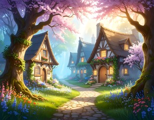 Charming village scene with vibrant flowers and sunlight