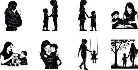 Mother and child, parenting moments, emotional bonding, caregiving, reading, playtime, black and white illustration, nurturing, family love, childhood interaction