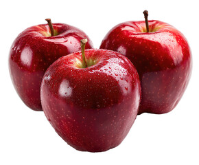 Three glossy, vibrant red apples, close-up,  with water droplets