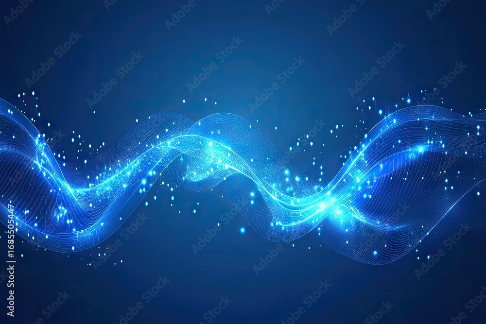 Aufkleber abstract blue wave with glowing particles, flowing smoothly across a dark blue background, creating 