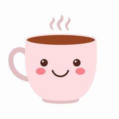 Happy pink mug of hot coffee or tea.