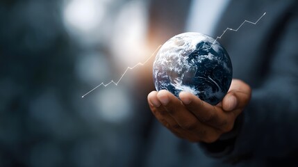 A businessman s hand holds a glowing Earth model overlaid with a bright upward financial growth chart symbolizing global business success and future