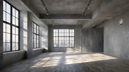 Contemporary loft empty apartment warm daylight concrete finish