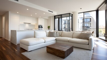 Modern apartment empty living space daylight neutral palette