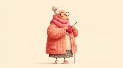 An elderly woman with silver hair in buns and round glasses knits while wearing an orange cardigan,