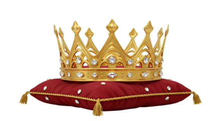 Royal Crown resting on a cushion: A resplendent gold crown, adorned with glittering jewels, rests majestically upon a plush, ruby-red cushion, a symbol of power and elegance. 