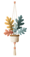 A hanging macrame plant holder with colorful leaves