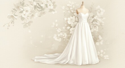 Elegant White Wedding Dress on Mannequin with Floral Background
