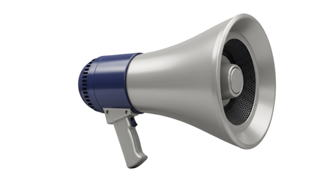 Megaphone's Powerful Projection: A sleek and modern megaphone rests, symbolizing communication, announcement, and amplifying voice in a studio-lit environment.