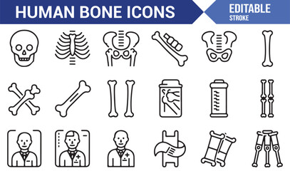 Modern stroke human bone icons featuring medical, anatomy, support, bandage, and recovery illustrations