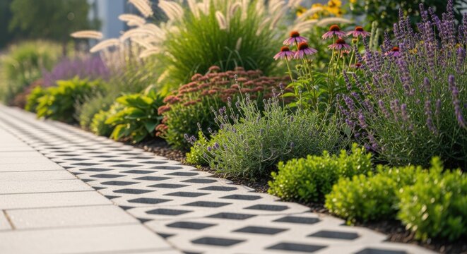 Pan across a rain garden border lined with permeable pavement blocks surrounded by droughttolerant plants thriving in sustainable urban landscape design.