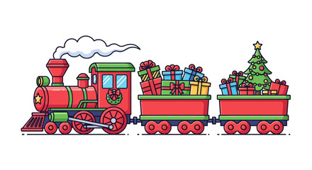 Festive Christmas Toy Train Carrying Gifts and Tree.