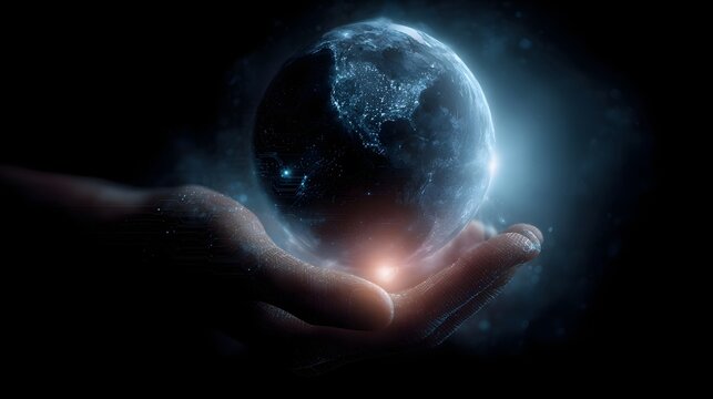 A digital hand cradles a glowing holographic Earth symbolizing global technology innovation and interconnectedness in a dark futuristic setting