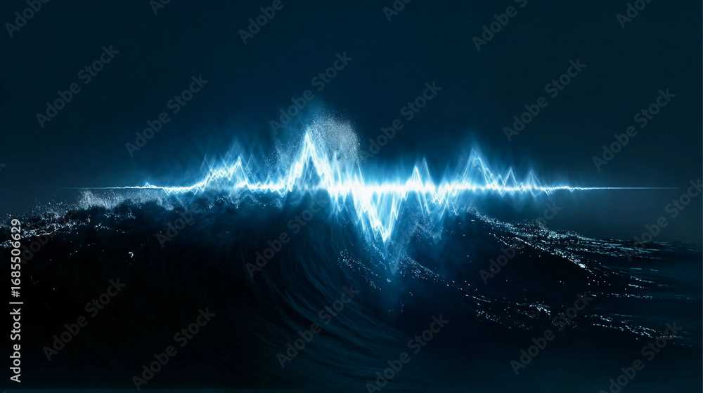 Poster sound wave visualization over ocean waves at night showing a dynamic interplay of light and water, i