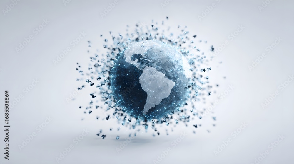 Aufkleber a glowing digital globe with visible continents and a dynamic network of interconnected blue particl