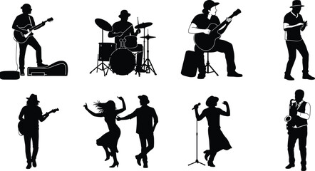 Obraz premium Silhouettes of musicians and dancers performing live, playing instruments, singing, dancing, jazz band performance, stage entertainment, concert scene