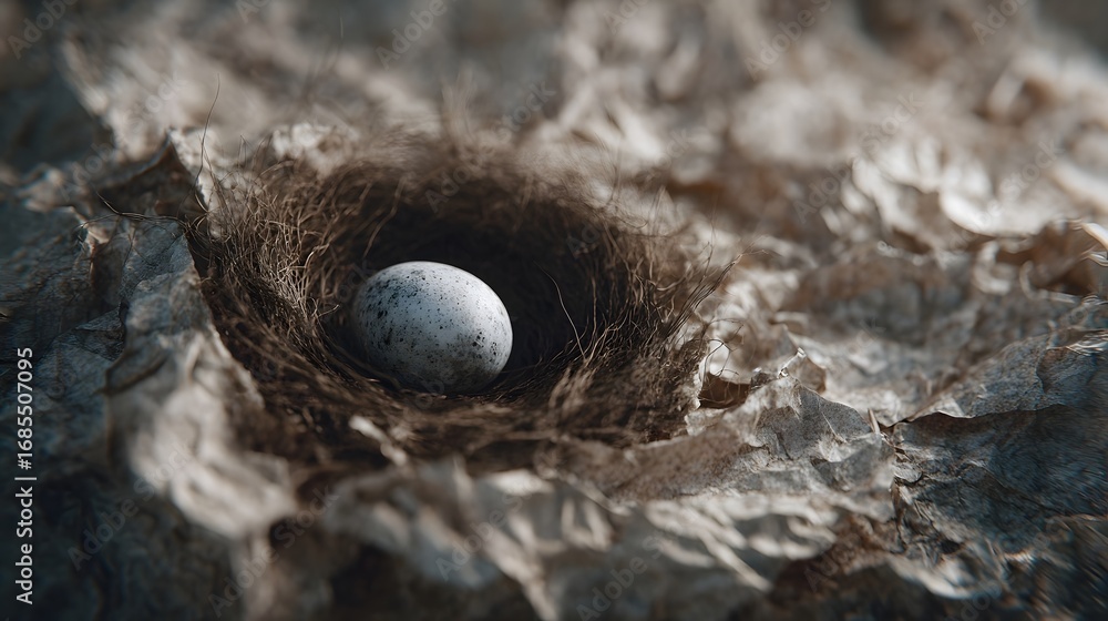 Poster a single speckled egg rests in a delicate fibrous nest surrounded by crumpled textured material embo